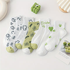 7 Pairs Cartoon Print Socks Women's Crew Stockings Hosiery