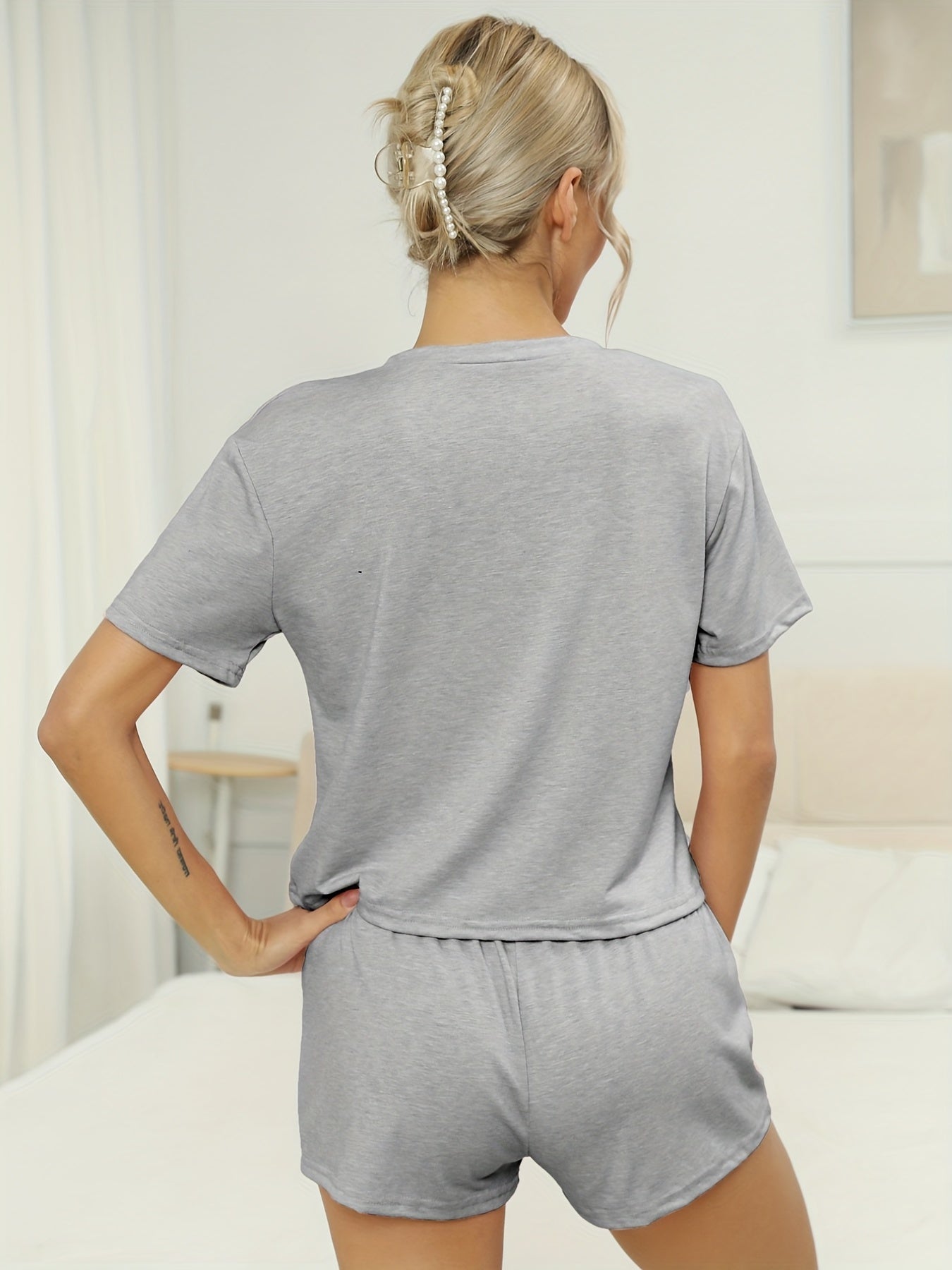 Knit Lounge Set Crew Neck Short Sleeve & Drawstring Waist Shorts