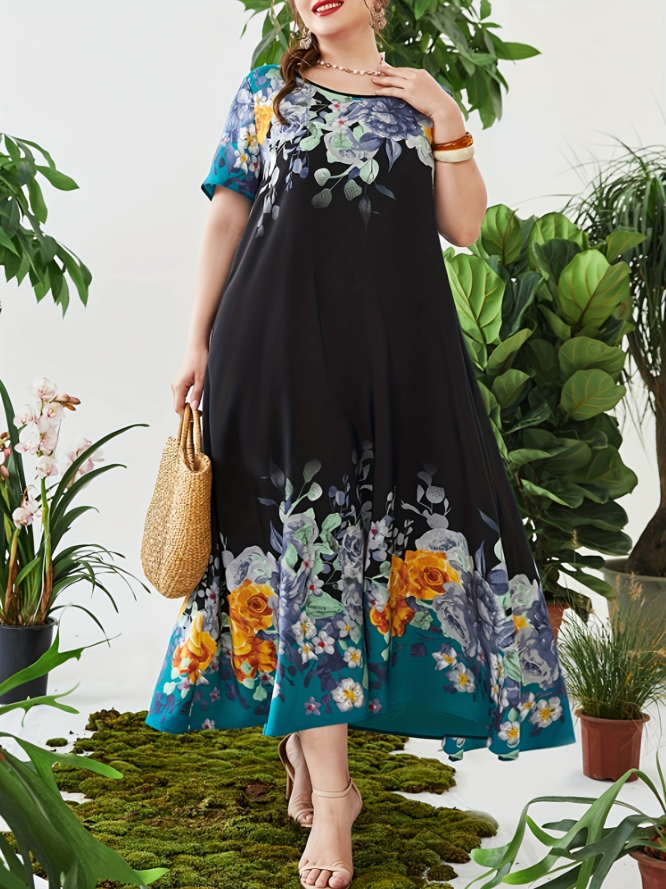 Floral Print Kaftan Dress Short Sleeve Maxi