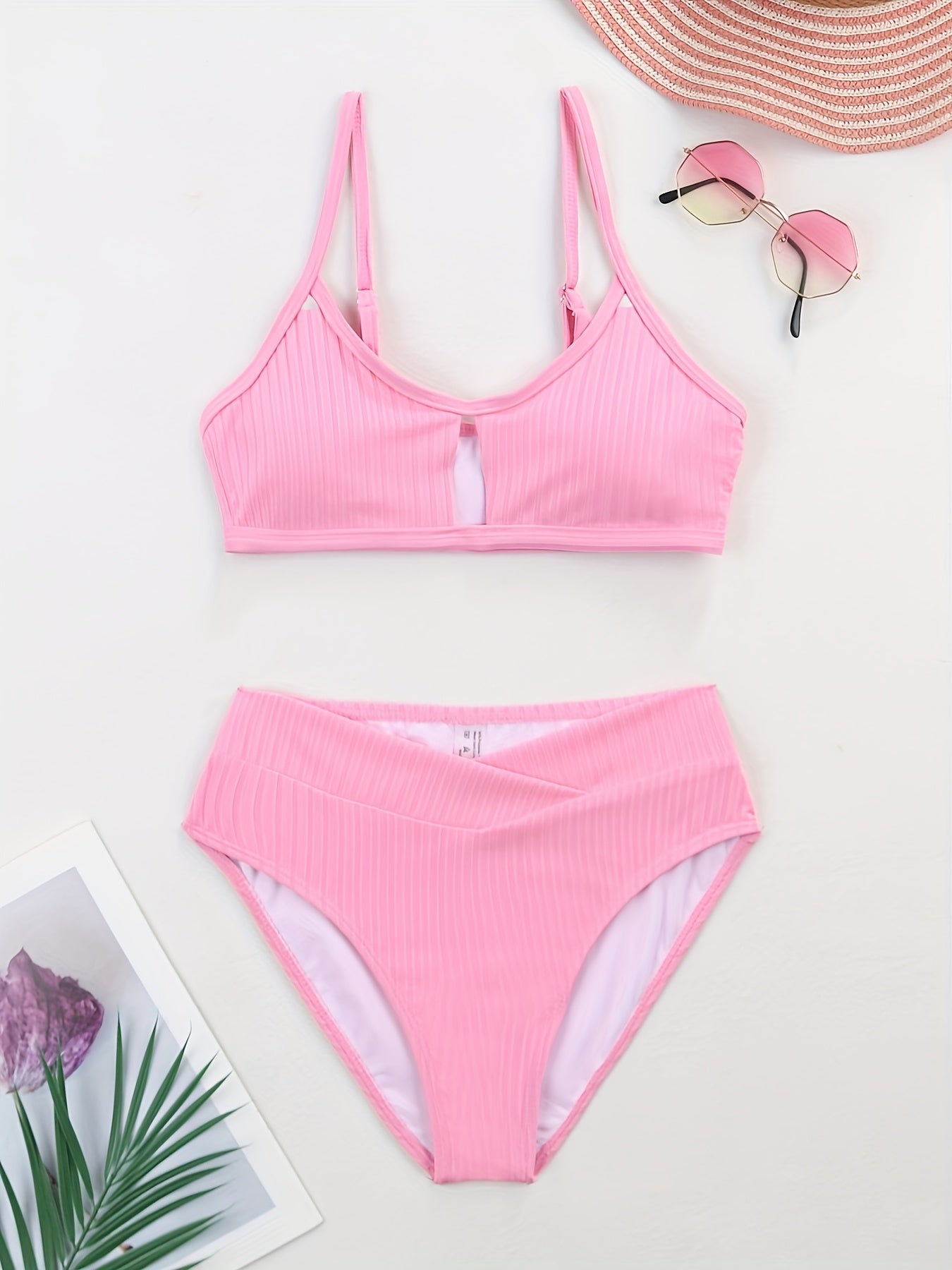 Solid V Neck Bikini Set High Cut Two Pieces Swimsuit