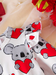 2pcs Baby Girls Heart And Bear Print Dress & Headband Set for Spring/Autumn