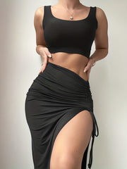 Y2K Solid Slim Two Piece Skirt Set Crop Tank Top & Side Drawstring Split Skirt