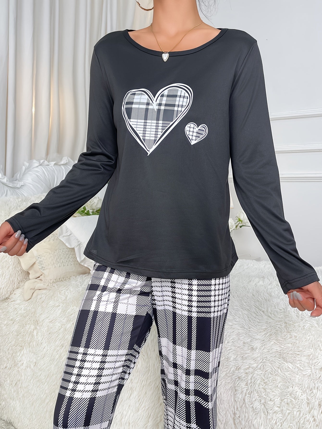 Heart Print Pajama Set Long Sleeve Crew Neck Top & Plaid Pants