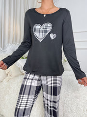 Heart Print Pajama Set Long Sleeve Crew Neck Top & Plaid Pants