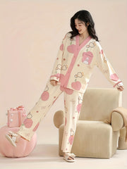 Duck Print Pajama Set Long Sleeve V Neck Top & Pants