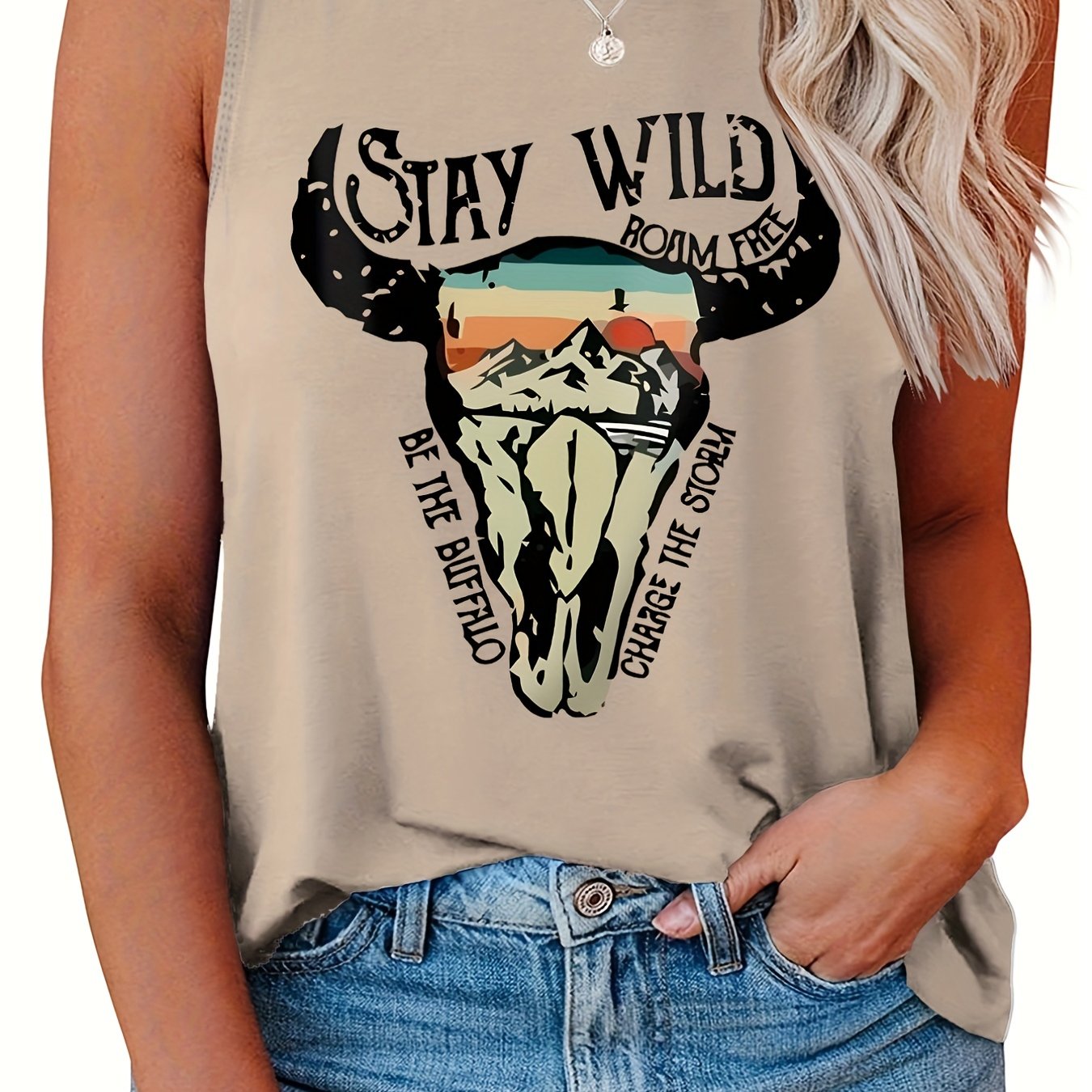Casual Tank Top Women's Plus Slogan & Cow Print Round Neck