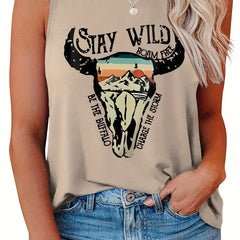 Casual Tank Top Women's Plus Slogan & Cow Print Round Neck