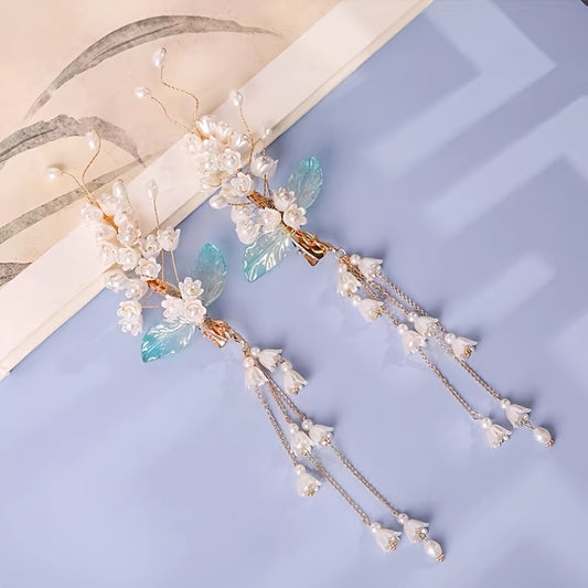 Vintage Chinese Style Hanfu Hairpin with Faux Pearl Flower Leaf