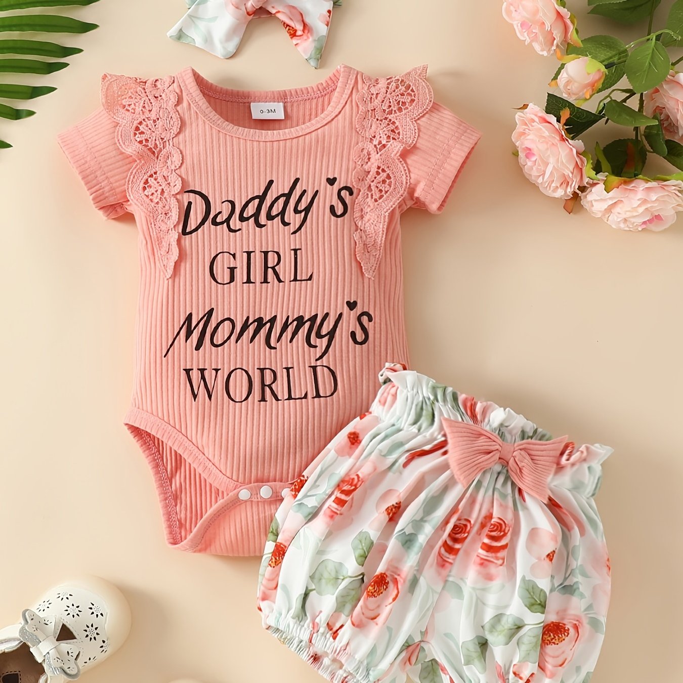 Newborn Short Sleeves Lace Romper Set with Graphic Bodysuit & Floral Shorts