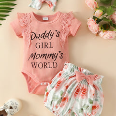 Newborn Short Sleeves Lace Romper Set with Graphic Bodysuit & Floral Shorts