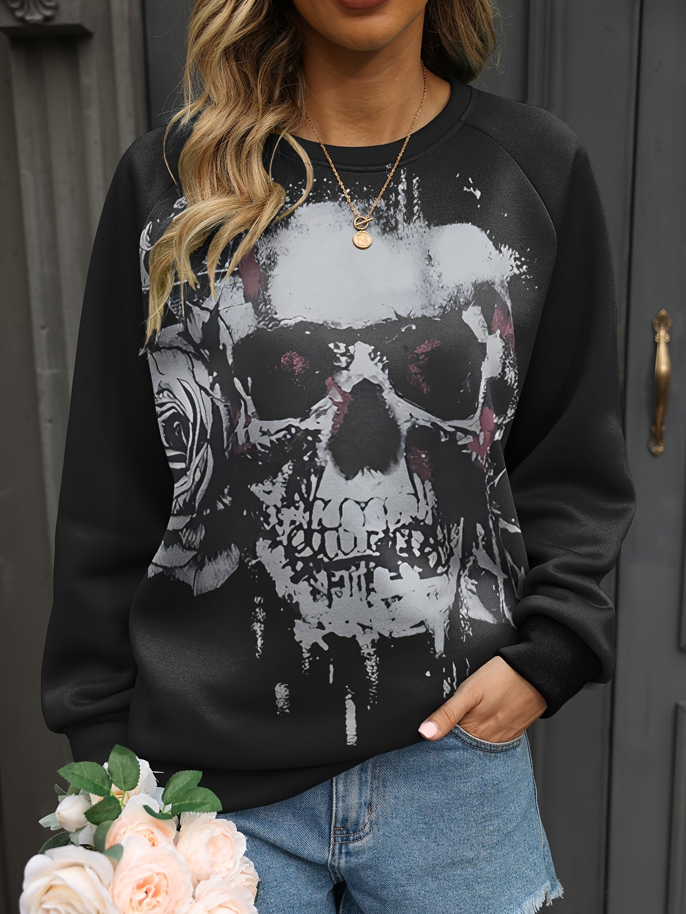 Skull Print Pullover Sweatshirt Long Sleeve Crew Neck for Women