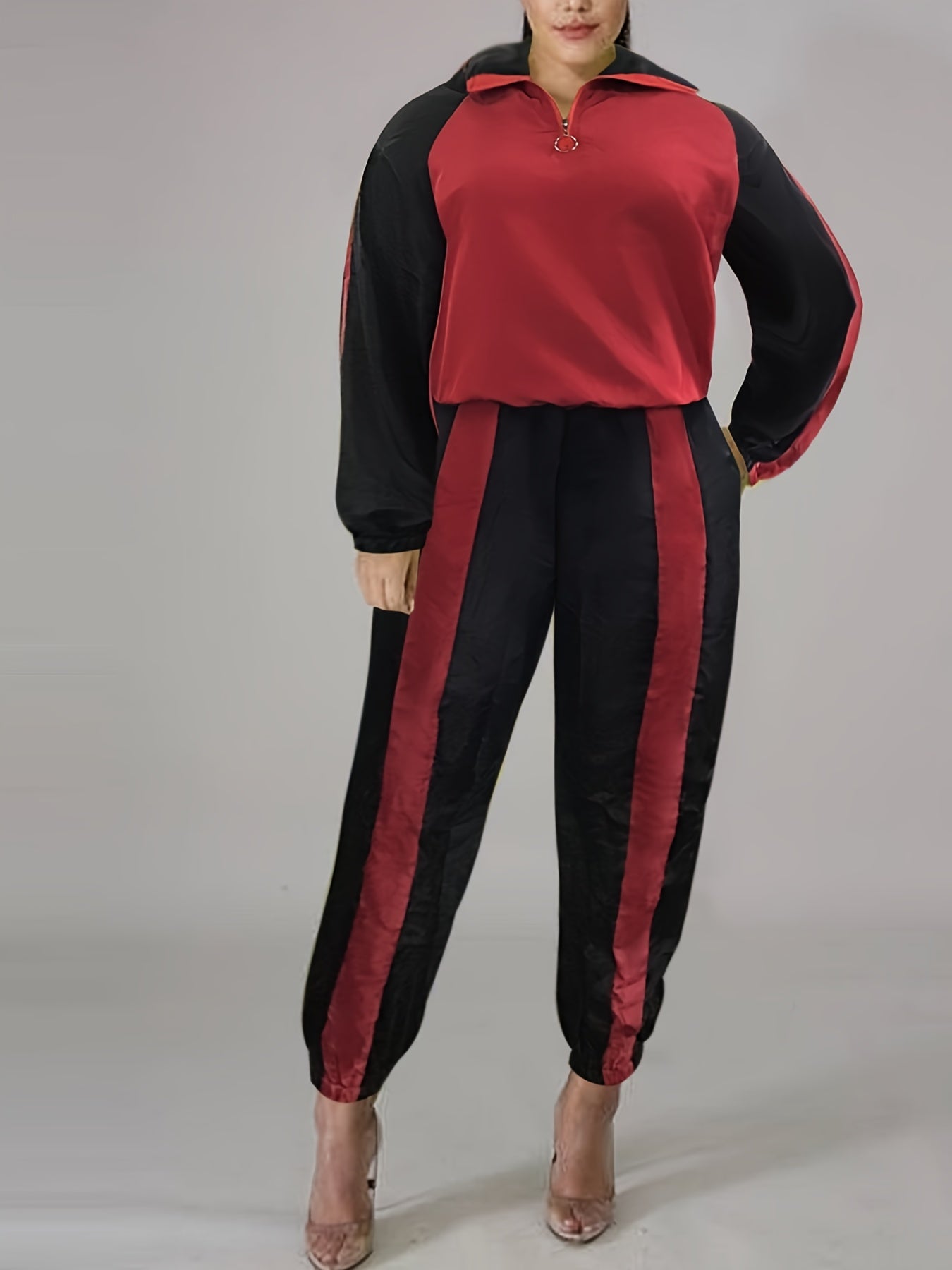 Colorblock Raglan Sleeve Zip Top & Striped Joggers Set