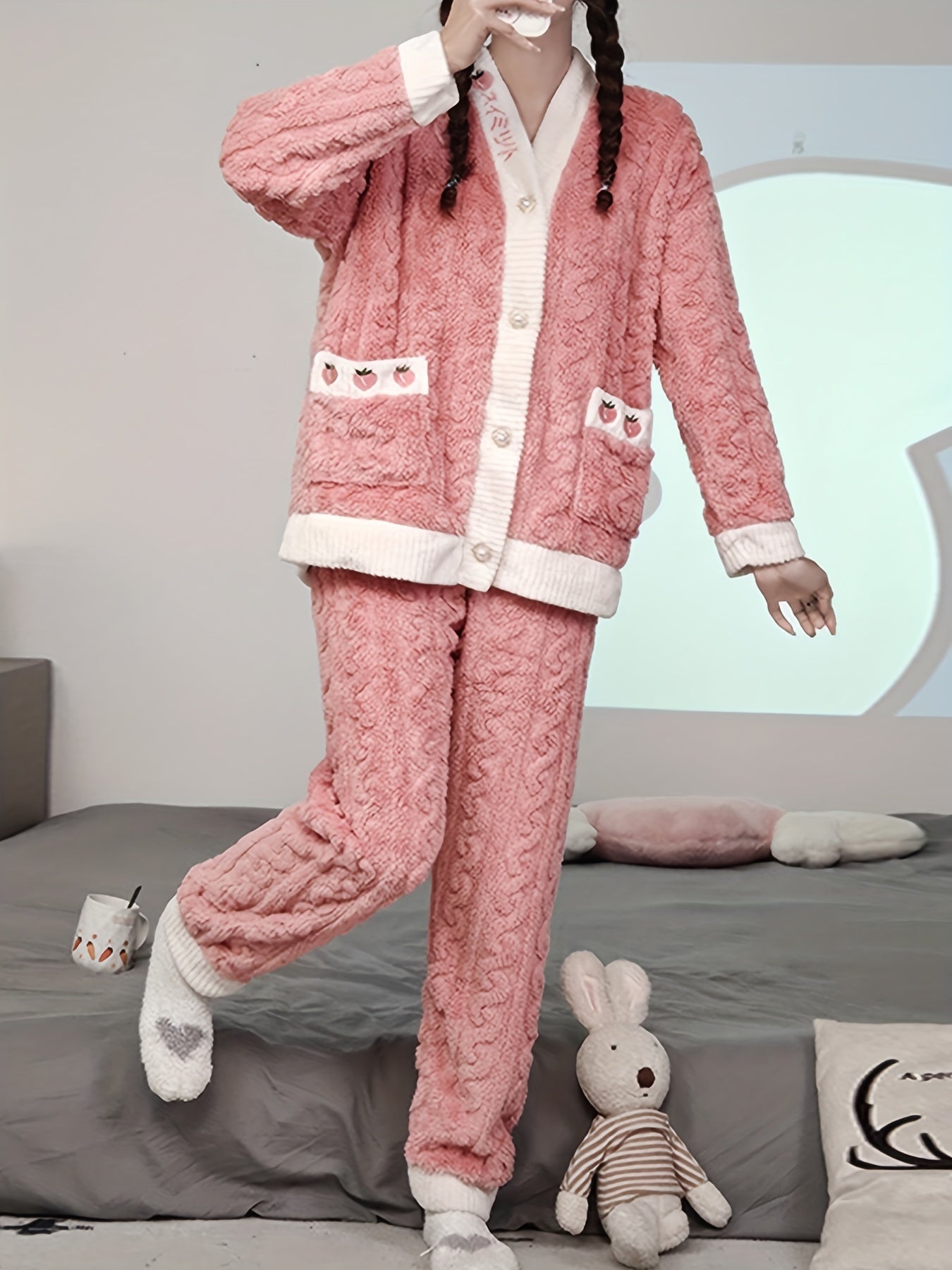 Strawberry Print Fuzzy Pajama Set Long Sleeve Top & Pants Women's Sleepwear