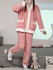 Strawberry Print Fuzzy Pajama Set Long Sleeve Top & Pants Women's Sleepwear