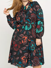 Floral Print Long Sleeve Plus Size Boho Dress with Tie Neck & Belt