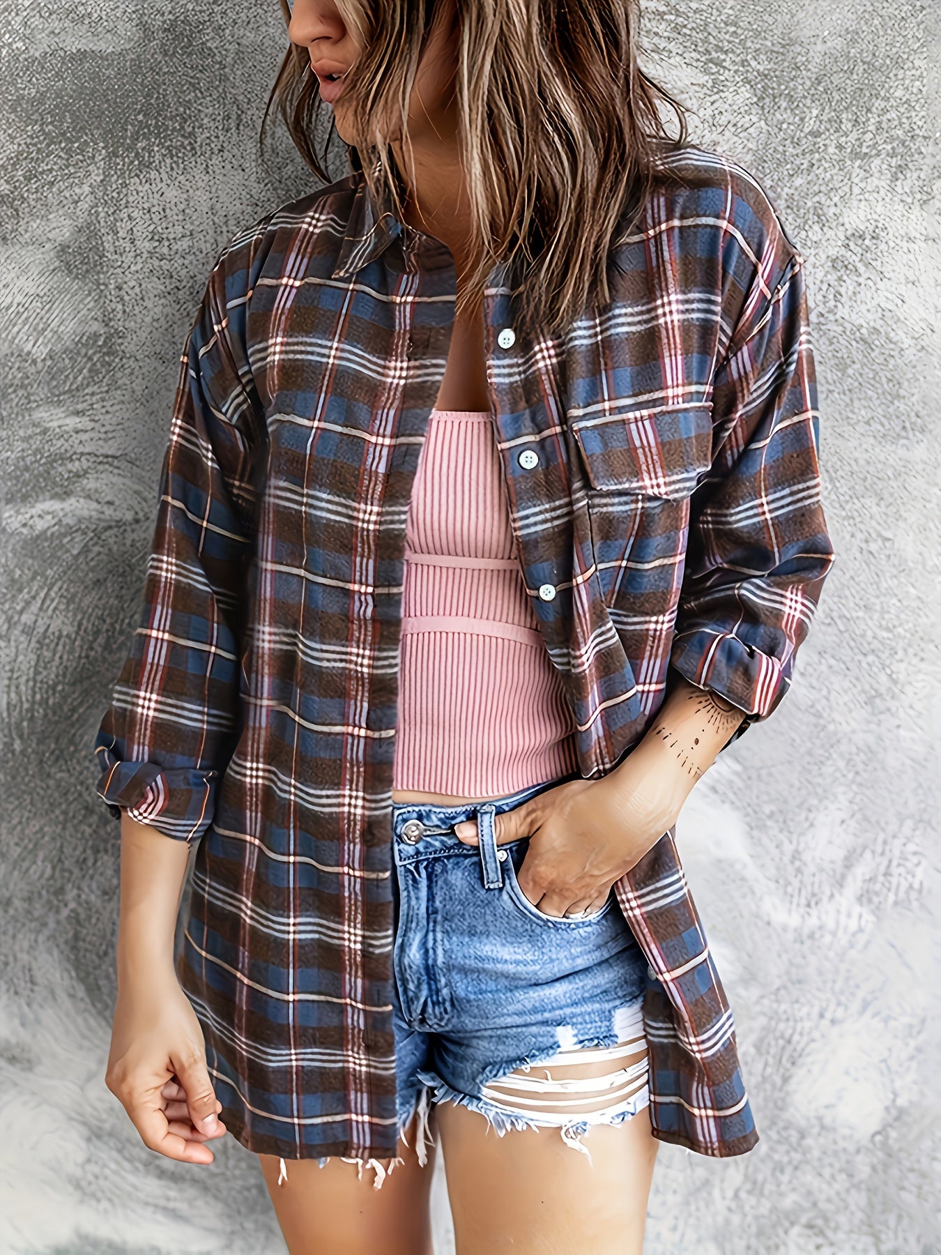 Plaid Print Button Up Long Sleeve Turn Down Collar Shacket