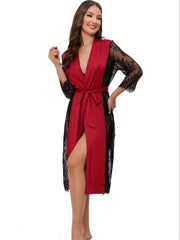 Lace Stitching Lounge Robe V Neck Long Sleeve with Belt Women's Loungewear