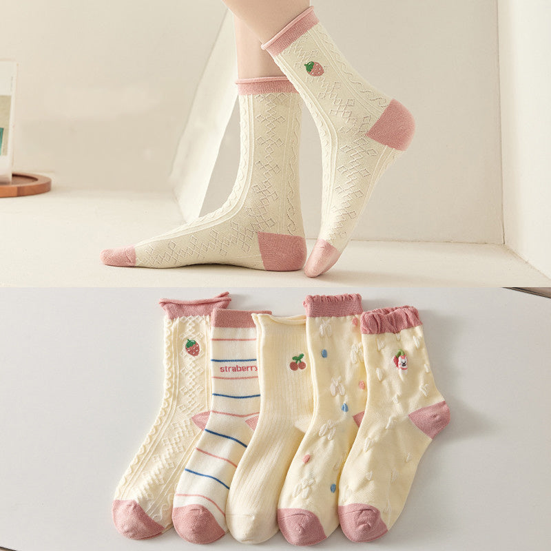 5 Pairs Fruit Print Socks Ruffle Curling Stockings