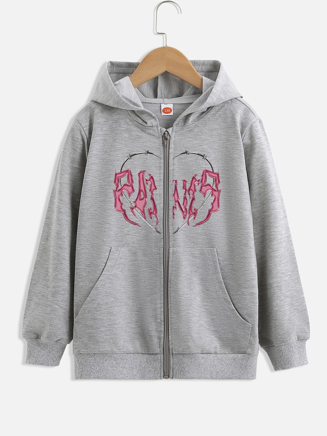 Girls Heart Print Hooded Sweatshirt Jacket with Zipper