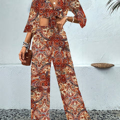 Cashew Floral Print 2pc Set Knot Front Crop Top & Wide Leg Pants