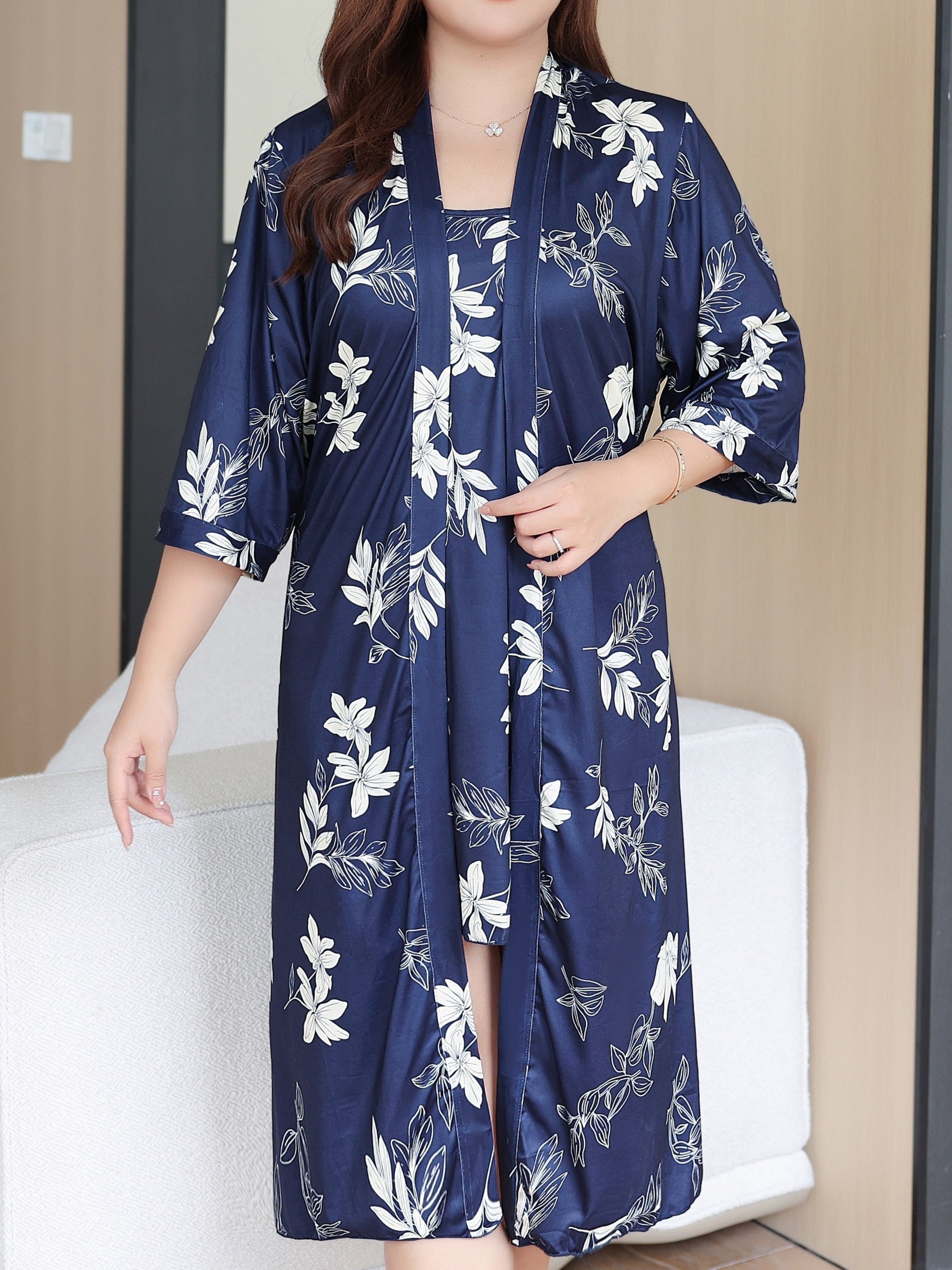 Women's Plus Size Floral Print Bathrobe Set