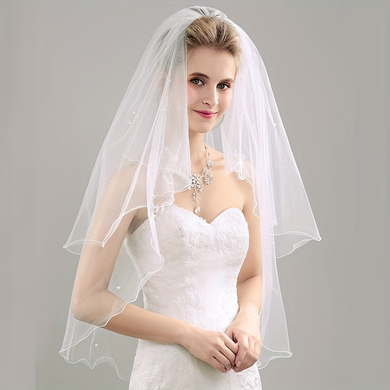 Bridal Veil with Beaded Embellishments Two Layer Lace Overlay for Weddings