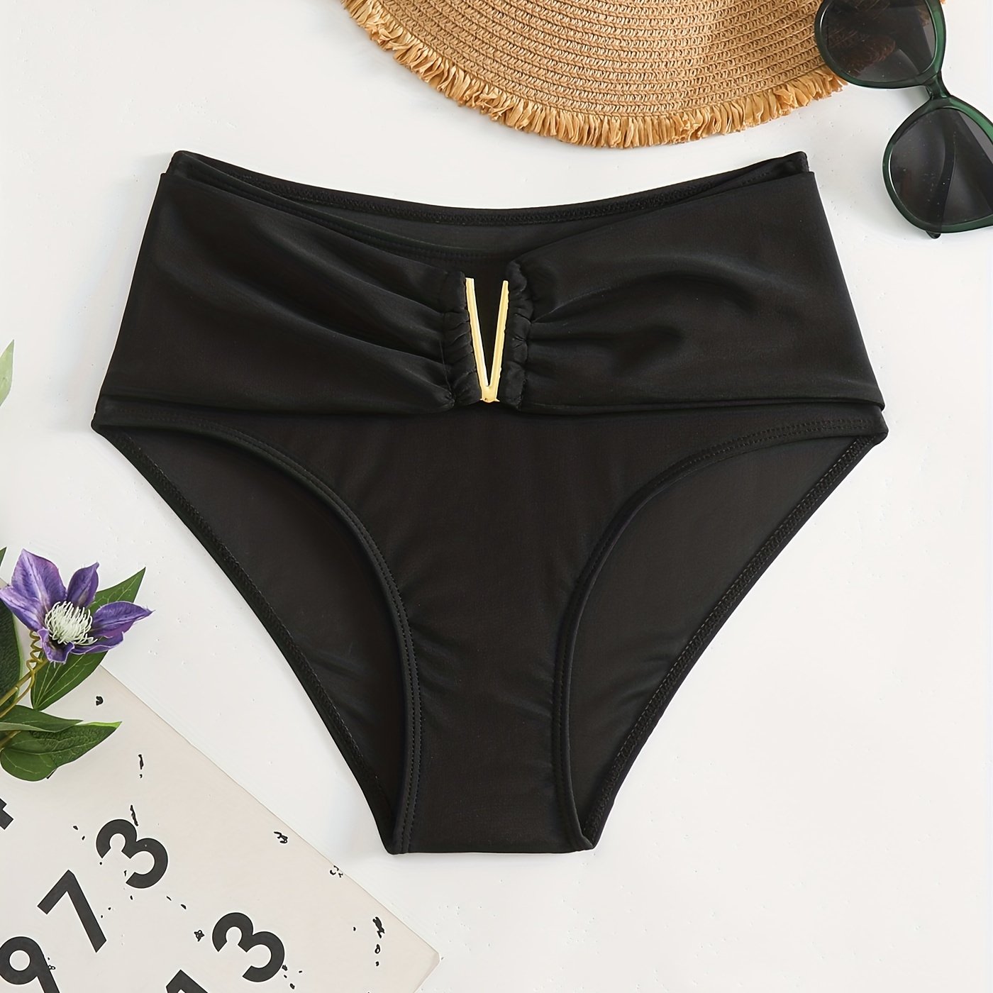 V Metal Decor Ruched High Waist Bikini Bottoms Solid High Stretchy Swimwear