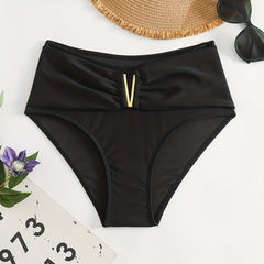 V Metal Decor Ruched High Waist Bikini Bottoms Solid High Stretchy Swimwear