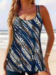 Leopard & Stripe Tankini Set Women's Round Neck Cami & Shorts Swimsuit