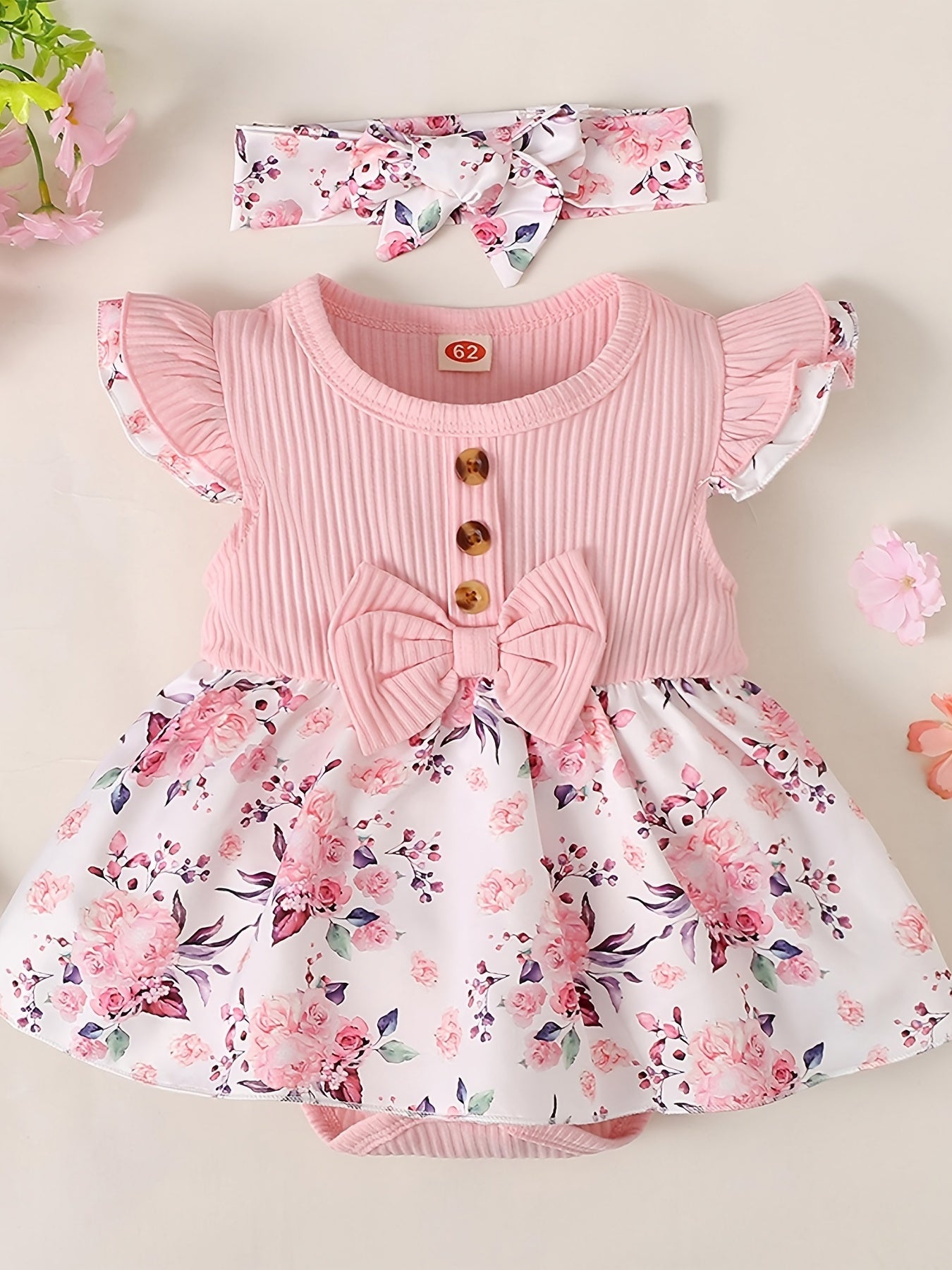 Baby Girls Floral Pink Dress Onesie Set with Headband