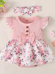 Baby Girls Floral Pink Dress Onesie Set with Headband