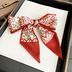 Geometric Print Red Skinny Scarf Silk Hair Ribbon Satin Neckerchief