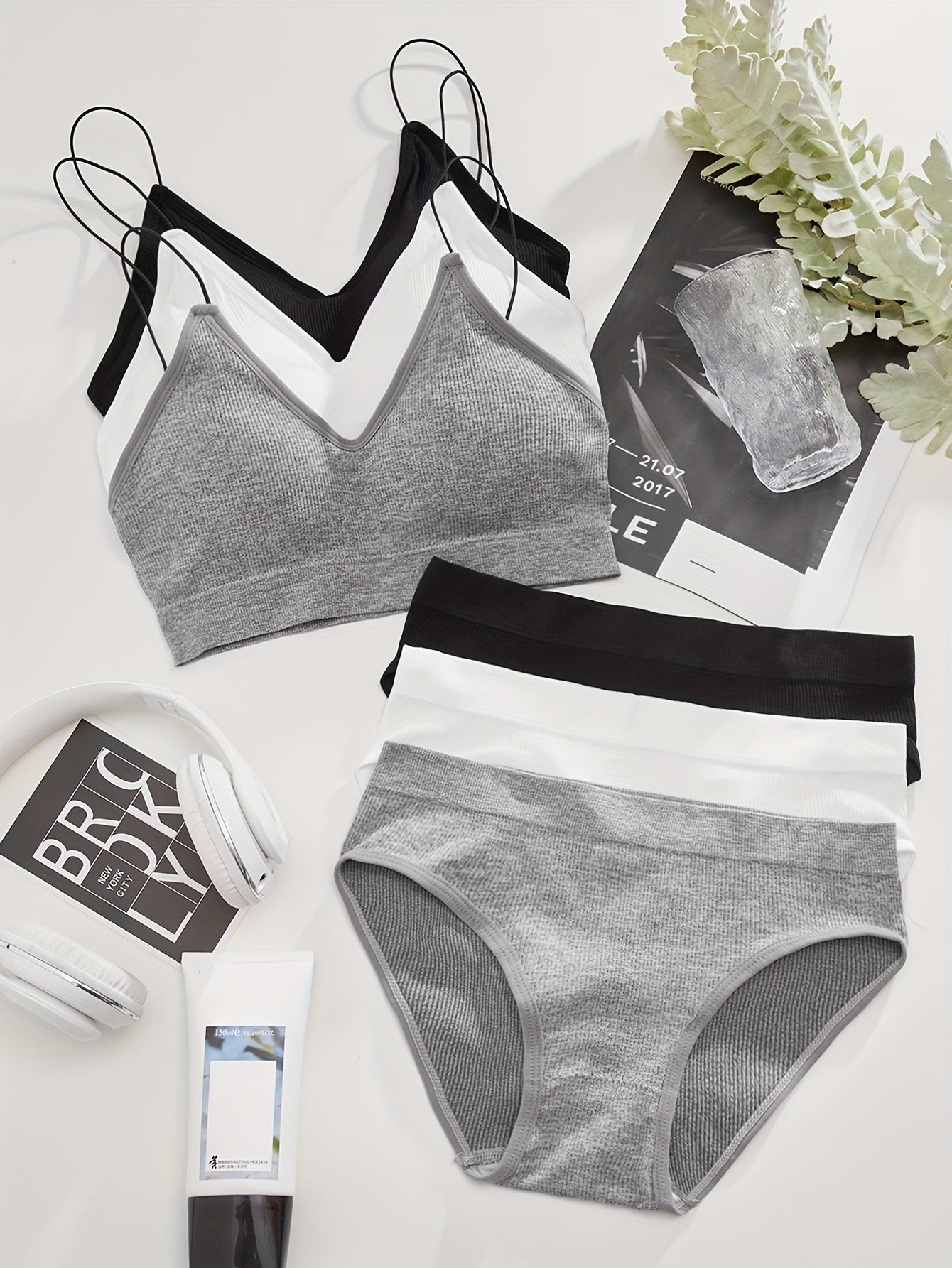 3 Sets Ribbed Bra & Panties Wireless Lingerie Women's Underwear
