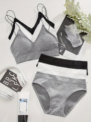 3 Sets Ribbed Bra & Panties Wireless Lingerie Women's Underwear