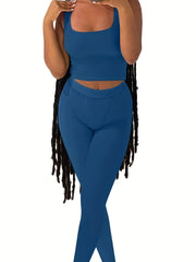 Ribbed Knit Women 2 Piece Set Gym Crop Tank Top Leggings Set