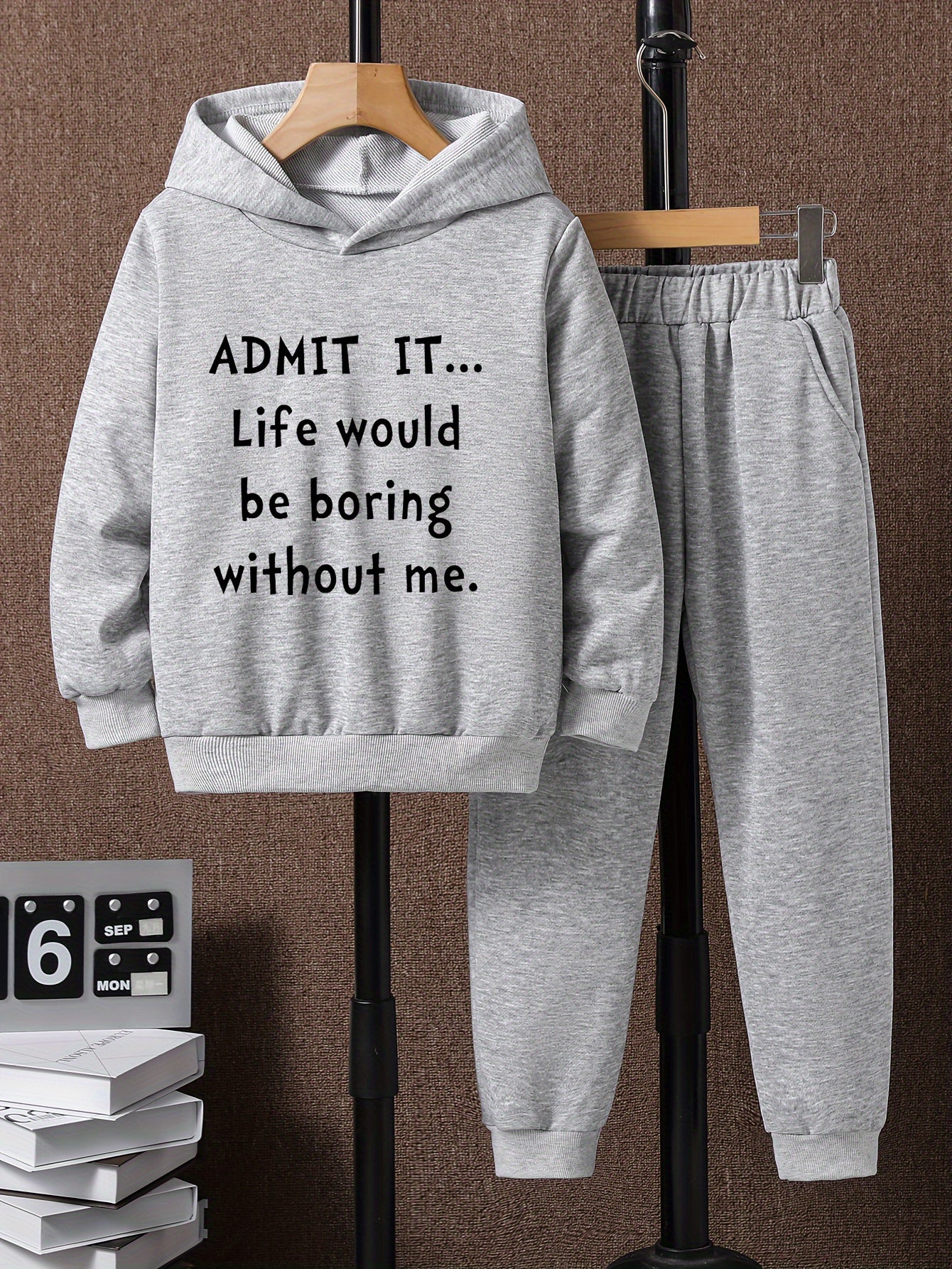 Boys Hoodie & Sweatpants 2pcs LIFE WOULD BE BORING Print Casual Kids Clothes
