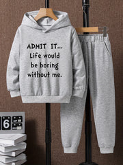 Boys Hoodie & Sweatpants 2pcs LIFE WOULD BE BORING Print Casual Kids Clothes