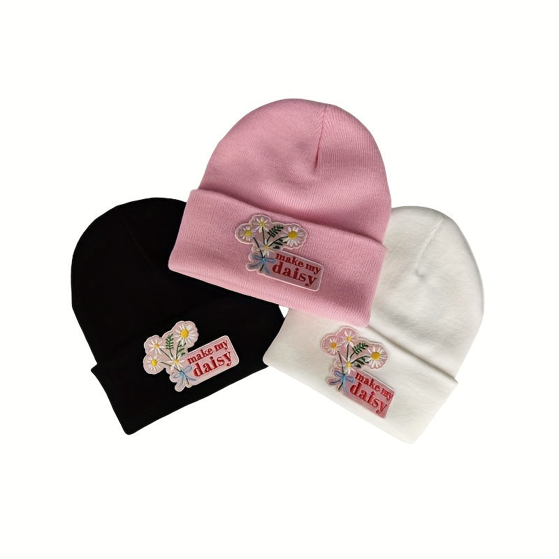 Daisy Embroidery Patch Beanie Knit Hat Windproof Warm Skull Cap