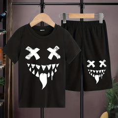 Boy's Funny Face Pattern 2pcs T shirt & Shorts Set Halloween Style Outfits