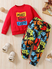 2pcs Baby Boys Pullover Sweatshirt & Dinosaur Print Pants Set Kids Clothes