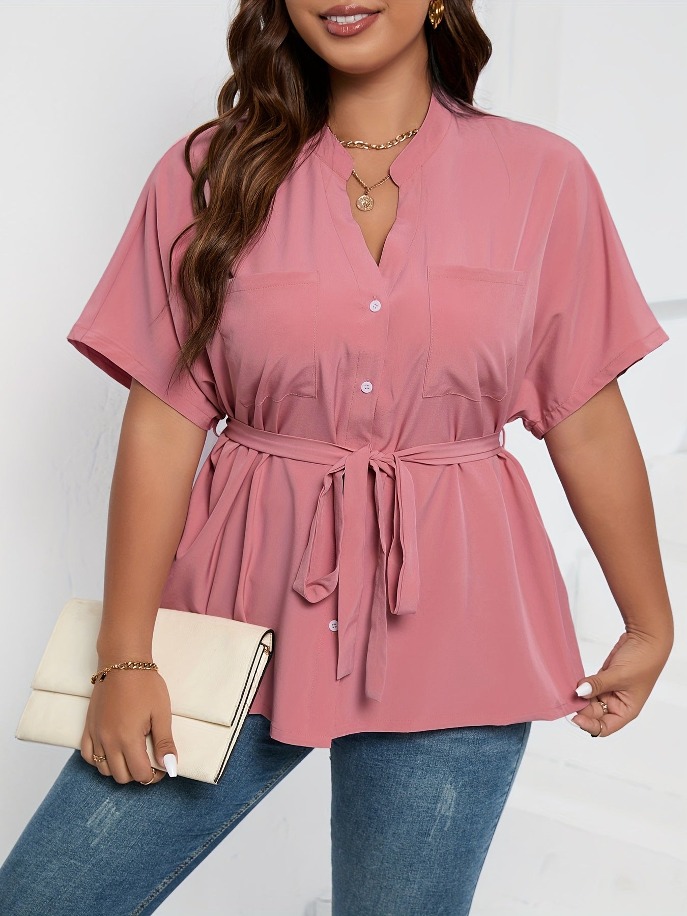 Solid Short Sleeve Blouse with Belted Top