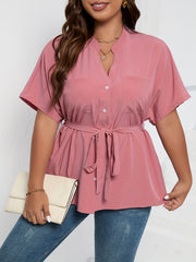 Solid Short Sleeve Blouse with Belted Top