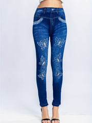Denim & Butterfly Print Leggings Casual Stretchy Leggings
