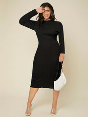 Solid Ribbed Long Sleeve Round Neck Midi Dress