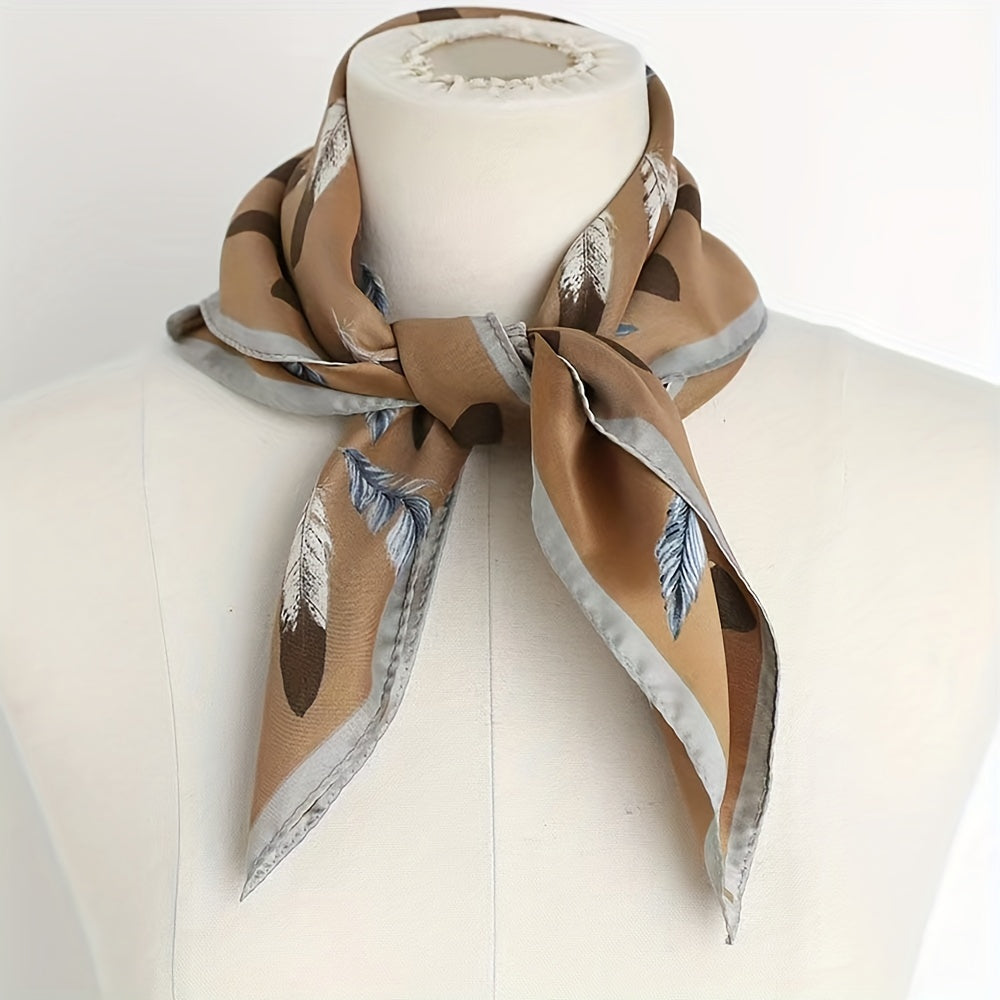 Vintage Feather Print Bandana Shawl Satin Scarf Neckerchief