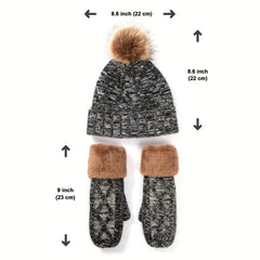 3pcs Ribbed Beanie Scarf Gloves Set Knit Pom Pom Decor Elastic Coldproof
