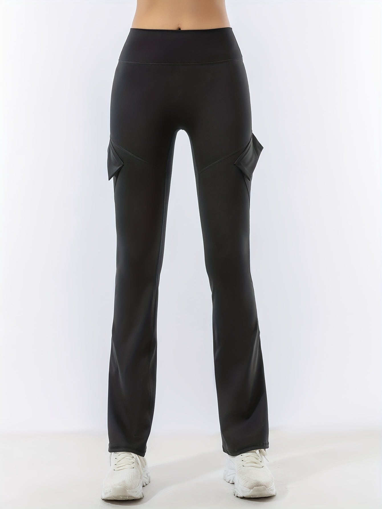 Solid Yoga Flared Pants Pockets Stretchy Running High Waist Sports Bootcut