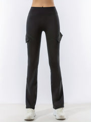 Solid Yoga Flared Pants Pockets Stretchy Running High Waist Sports Bootcut