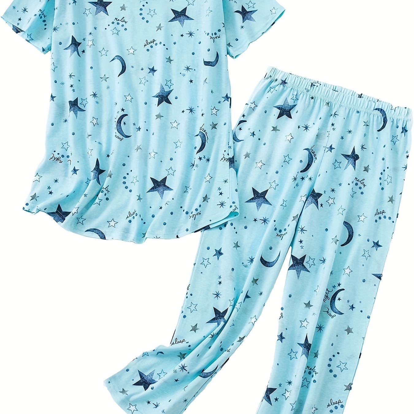 Star & Moon Print V-Neck Tee & Pants Pajama Set