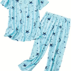 Star & Moon Print V-Neck Tee & Pants Pajama Set